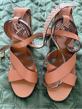 Gucci Tan Leather Wrap Sandals with Snakeskin Accents